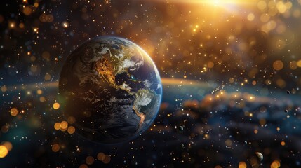Fototapeta premium Embark on a mesmerizing journey through the swirling beauty of Planet Earth where the sun s radiant beams cast a warm glow Explore the vast depths of outer space adorned with celestial wond