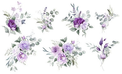 Violet flower isolated PNG. Watercolor floral bouquet clipart. Purple, mauve, lilac, lavender flowers and greenery collection for wedding invitation, greeting card, print design © Nataliya Kunitsyna
