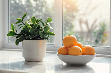 White marble kitchen with a bowl of oranges