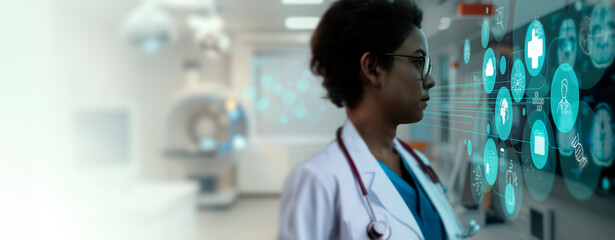Female doctor looking halogram screen computer to display and diagnosis processing patient data on AI virtual interface screen hospital background concept. - Powered by Adobe