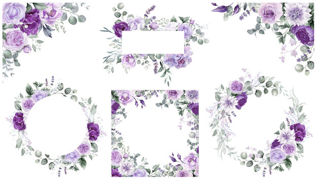 Watercolor floral border - frame. Violet flowers and eucalyptus greenery illustration isolated on transparent background. Purple roses, lilac peony for wedding stationary, greeting card