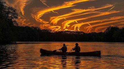   A few people in a boat on a body of water with wispy cloudy skies