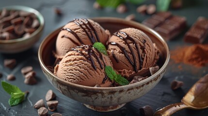 gourmet desserts, delectable homemade chocolate ice cream in a bowl, topped with chocolate sauce drizzle a truly tempting and irresistible dessert
