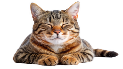 "Purr-fectly Content": A contented cat lounging comfortably, its eyes half-closed in blissful relaxation as it enjoys a moment of tranquility against the white background.