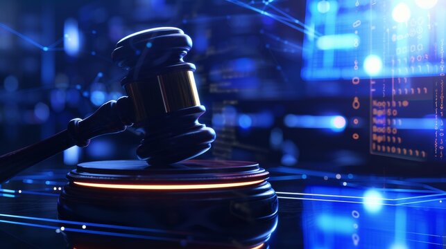 A courtroom gavel in a modern digital jurisdiction concept, AI and digital technology challenges with legal compliance