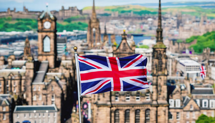 the flag of Great Britain on the background of the city of Edinburgh. Fringe Arts Festival in...