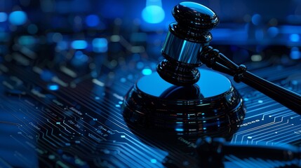 A courtroom gavel in a modern digital jurisdiction concept, AI and digital technology challenges with legal compliance