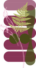 A composition of geometric shapes, figures and linear, graphic elements of plants (calla lily flower, fern leaf) on a transparent background. A modern type of abstract art for branding, advertising