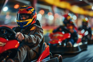 A man rides a go-kart on an indoor karting track.. Beautiful simple AI generated image in 4K, unique.