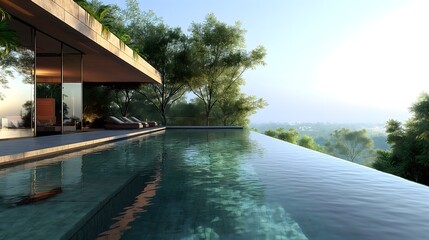 Fototapeta premium Luxurious modern home with infinity pool overlooking a lush landscape