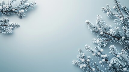 Frosted Pine Branches on a Cool Winter Background
