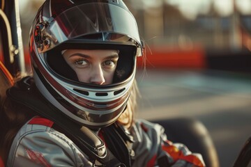 Obraz premium Person riding go-kart on racing track, perfect for sports and entertainment concepts. Beautiful simple AI generated image in 4K, unique.