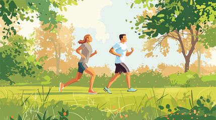 man and woman attractive running and jogging in the park