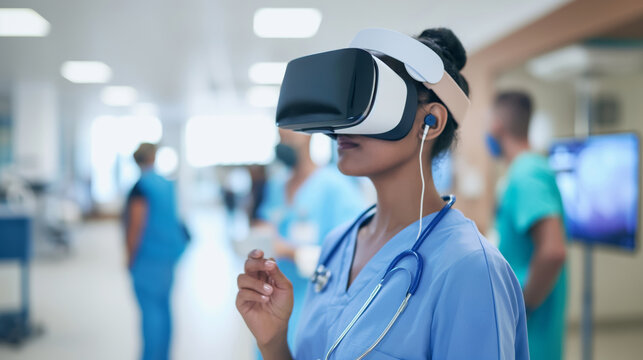 A doctor in a hospital undergoes a training course wearing virtual reality glasses
