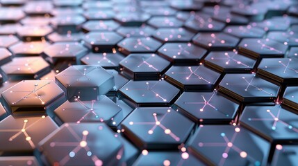 Obraz premium Metallic hexagons and luminescent data mesh merge, creating a 3D pattern of digital interconnectedness.