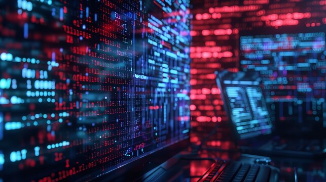 Binary code. Red and blue glowing numbers. Computer language. Programming.