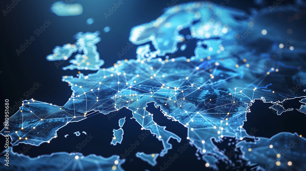 Poster a blue and white map of europe with many dots and lines. the map is a representation of the internet