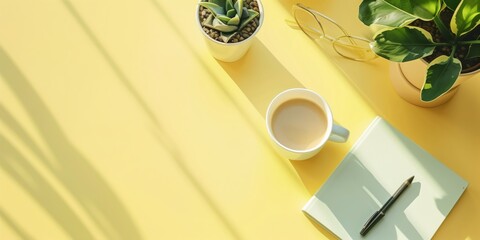 黄色いテーブルの上、コーヒーとメモ帳の置かれたデスク
