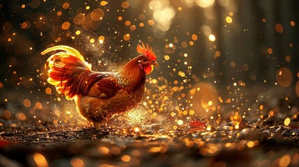  A close-up of a golden rooster on dirt ground surrounded by tree - Powered by Adobe