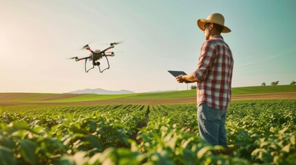 Farmer standing at vegetable garden sunset and using drone to inspect crop. Smart agricultural people or researcher checking his crop while standing at farm. Agriculture sustainable concept. AIG42.