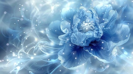   A blue flower painted on a blue and white canvas with white swirls and bubbles in the background