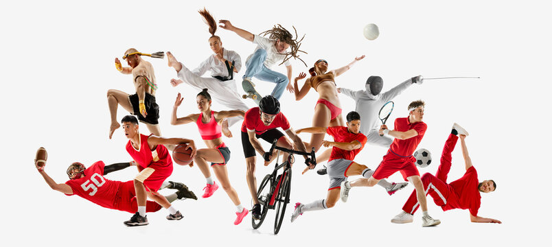 Sport collage. Young people, athletes in mid-action across multiple sports, emphasizing movement and skill against white background. Concept of healthy lifestyle, professional sport, team, fitness. Ad