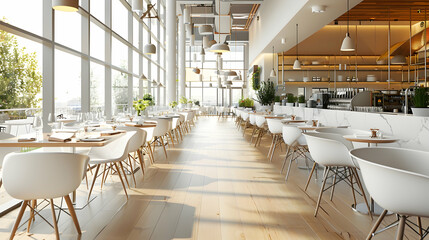 modern restaurant interior with long tables and white chairs, bar counter in the background, large windows on the left side, light wood floor, - Powered by Adobe