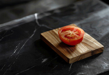 tomato on wooden board and black marble wall