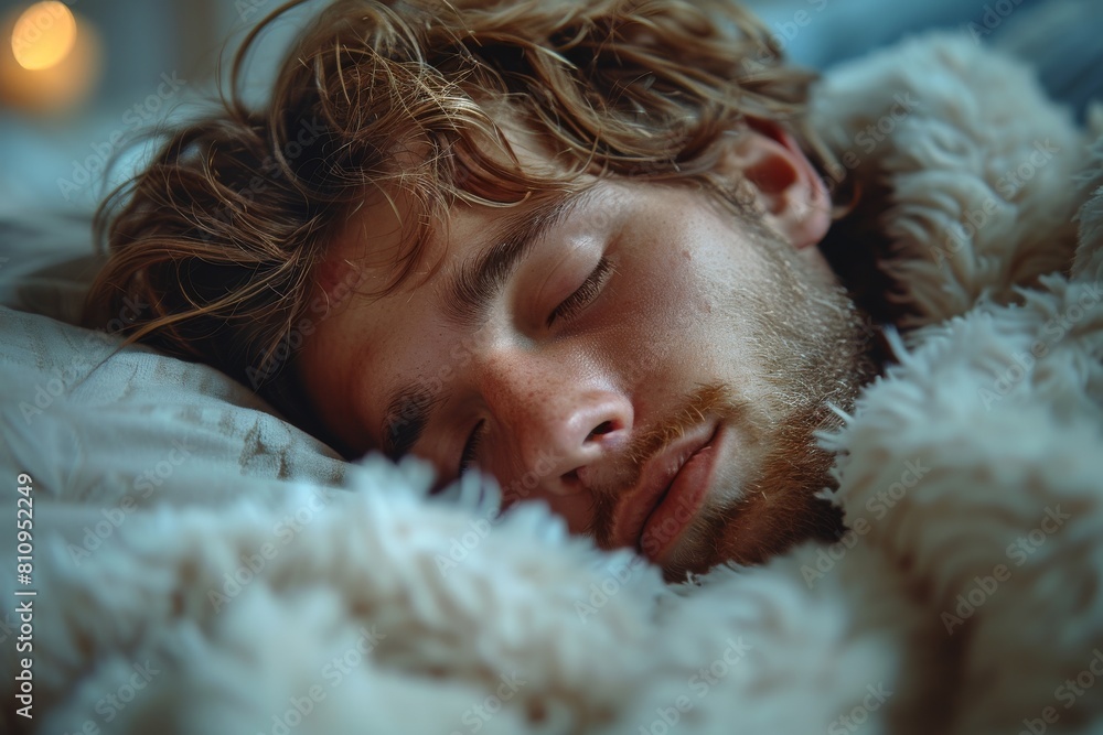 Poster an intimate close-up of a person resting under a fluffy blanket, focusing on the fabric's texture an