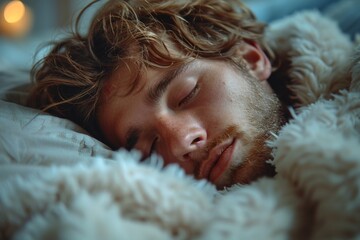 An intimate close-up of a person resting under a fluffy blanket, focusing on the fabric's texture and warmth