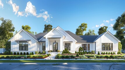 White Craftsman home with landscaped front and distinct triple roof in digital art.