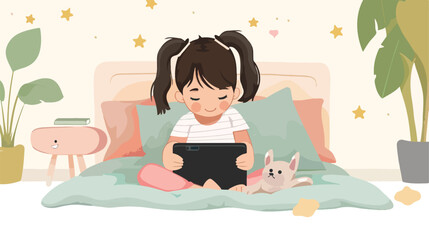 Little girl playing ipad table on bed Vector illustration