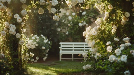 Obraz premium Elegant Garden with Blooming White Roses and Vintage Bench Under Floral Archway in Soft Morning Light