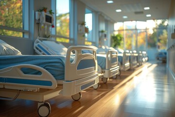 This image captures the serene atmosphere of a hospital room bathed in natural sunlight coming through the window, with empty beds and medical equipment