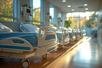 Obraz premium This image captures the serene atmosphere of a hospital room bathed in natural sunlight coming through the window, with empty beds and medical equipment