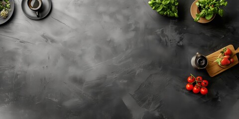 黒いマットな質感のキッチンテーブル、俯瞰視点
