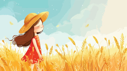 Little girl post in the wheat field Vector illustration