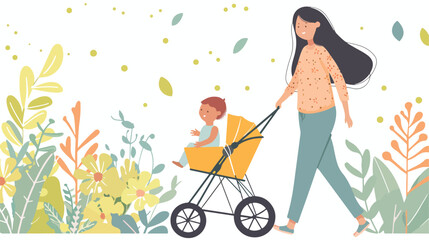 Mom with the baby in the stroller  Vector style