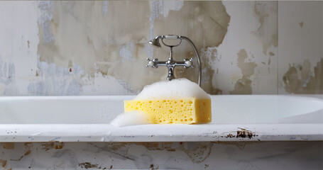 
yellow sponge in white bathtub