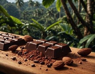 A chocolate bar broken into pieces, with cacao beans scattered around on a wooden cutting board...
