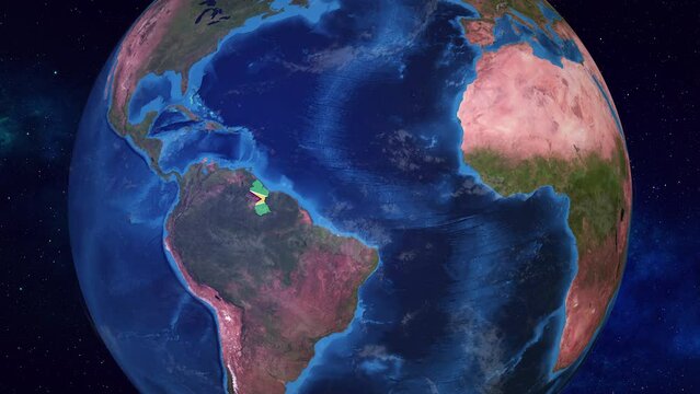 Realistic 3D Animation of Earth zooming in to  Guyana with its border highlighted with its National Flag in 4K
