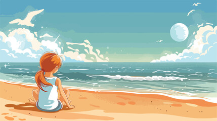 Little girl sitting looking at the beach Vector illustration