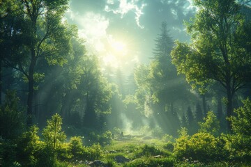 Obraz premium Sunlight filters through forest trees, creating a serene atmosphere