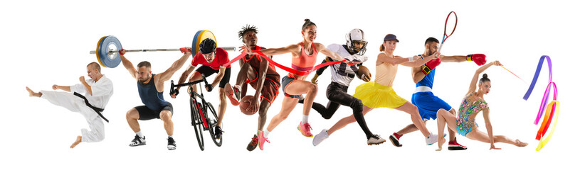 Sport collage. Athletes in motion, featuring martial arts, weightlifting, cycling, basketball,...