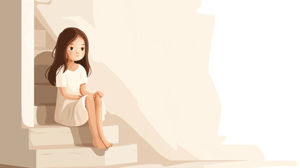 Little girl sitting on stairs Vector illustration. Vector