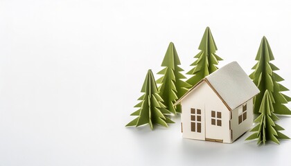 small home downsizing concept paper origami isolated on white background with green trees with copy space for rural living moving away from the city to a quiet environment with less population