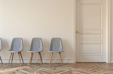 A waiting room with three grey chairs and an open white door on the right side, in a minimalist style with a light beige solid color background