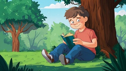 An animated character is reading a book in the park.