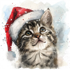watercolor painting of tabby cat wearing red Christmas santa hat