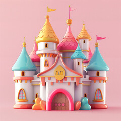 Pink color cartoon fantasy  fairytale castle isolated on pink background